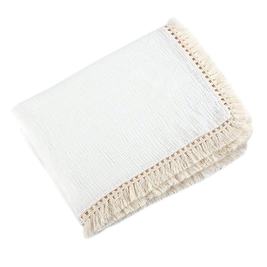 Muslin Swaddle Blanket with Tassels - White
