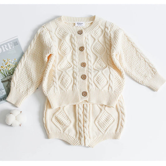 Cream Knitted Baby Cardigan + Shorts