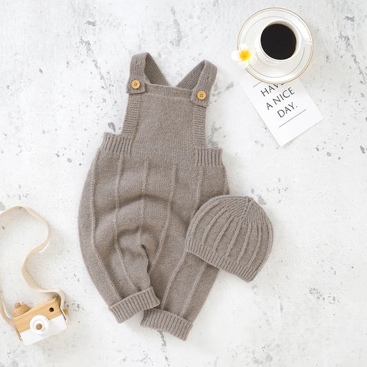Taupe Knit Overalls + Beanie