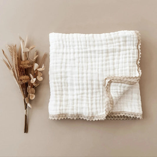 White Muslin Baby Blanket - Beige Lace