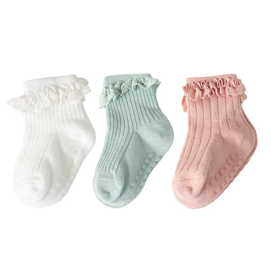 Frilly Lace Ribbed Baby Socks (set of 3) - White, Green, Coral