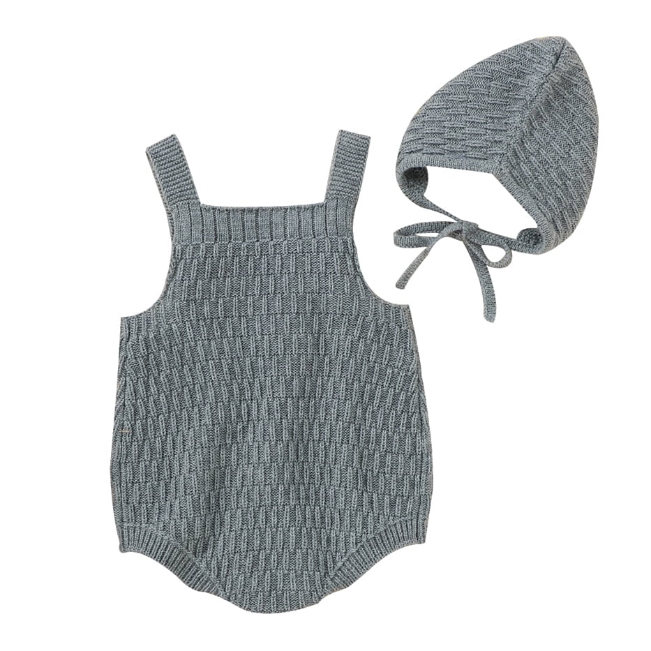 Baby Girl Knitted Overalls + Hat - Gray - Cocowish