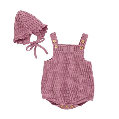 Baby Girl Knitted Overalls + Hat - Pink - Cocowish