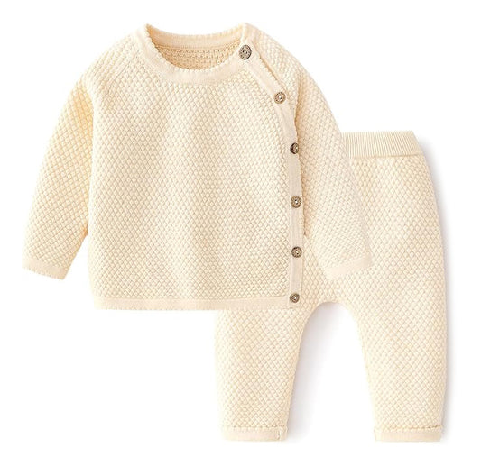 Buttoned Knitted Sweater + Pants - Beige