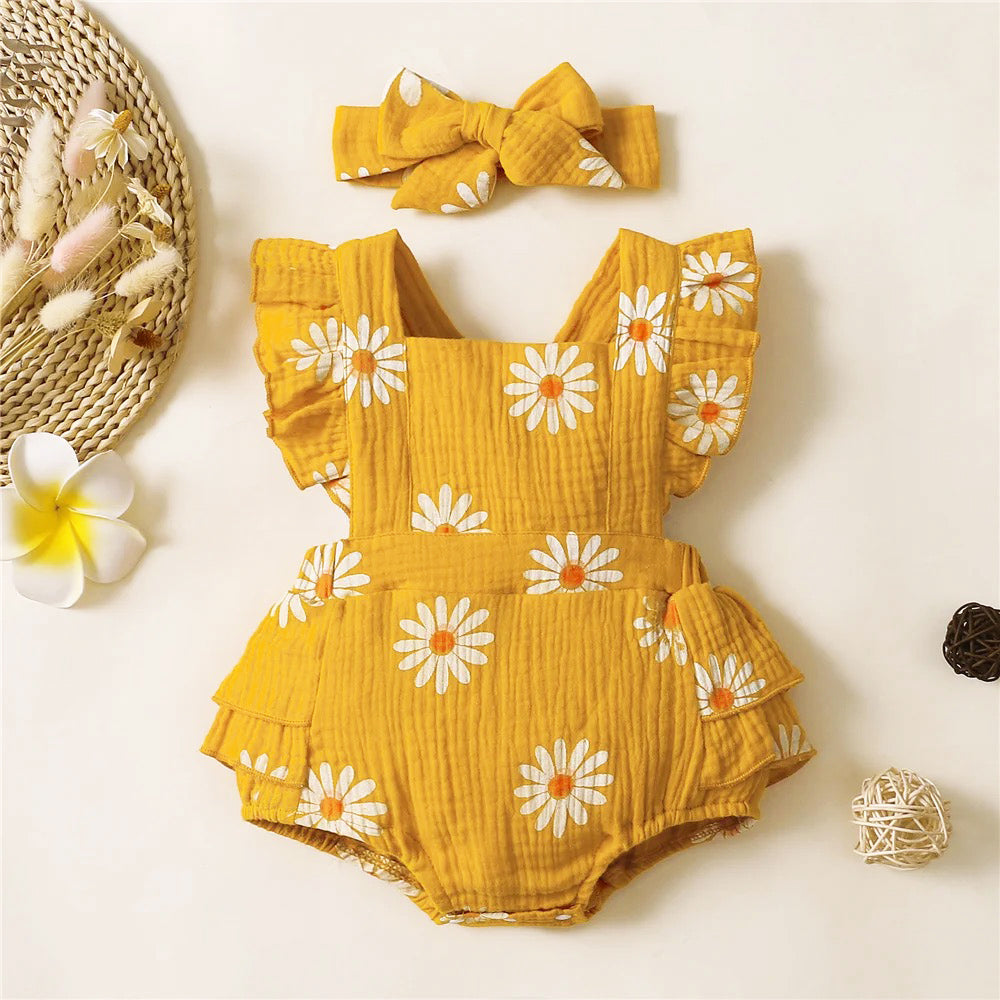 Daisy Sleeveless Romper + Headband - Mustard Yellow