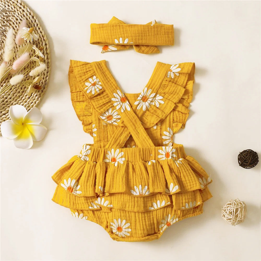 Daisy Sleeveless Romper + Headband - Mustard Yellow