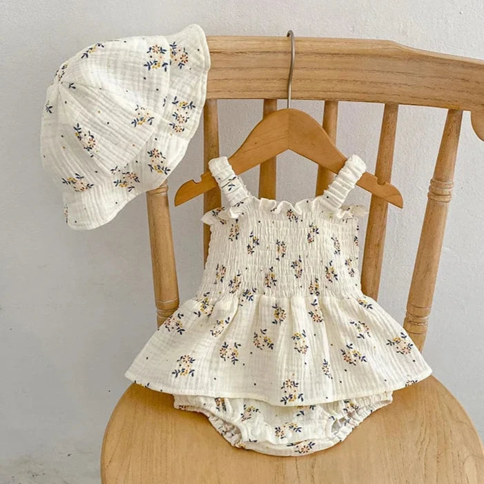 Floral Muslin Romper Dress and Hat