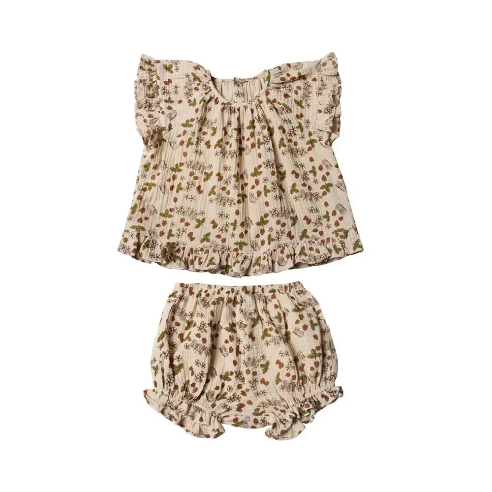 Organic Cotton Strawberries Frill Shirt + Shorts