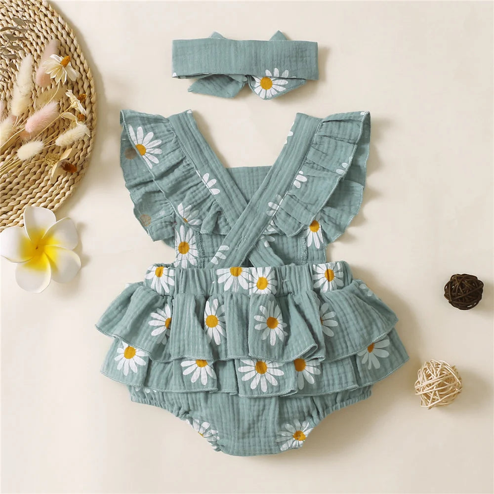 Daisy Sleeveless Romper + Headband - Green