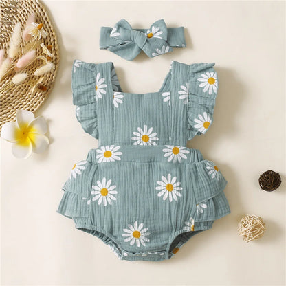 Daisy Sleeveless Romper + Headband - Green