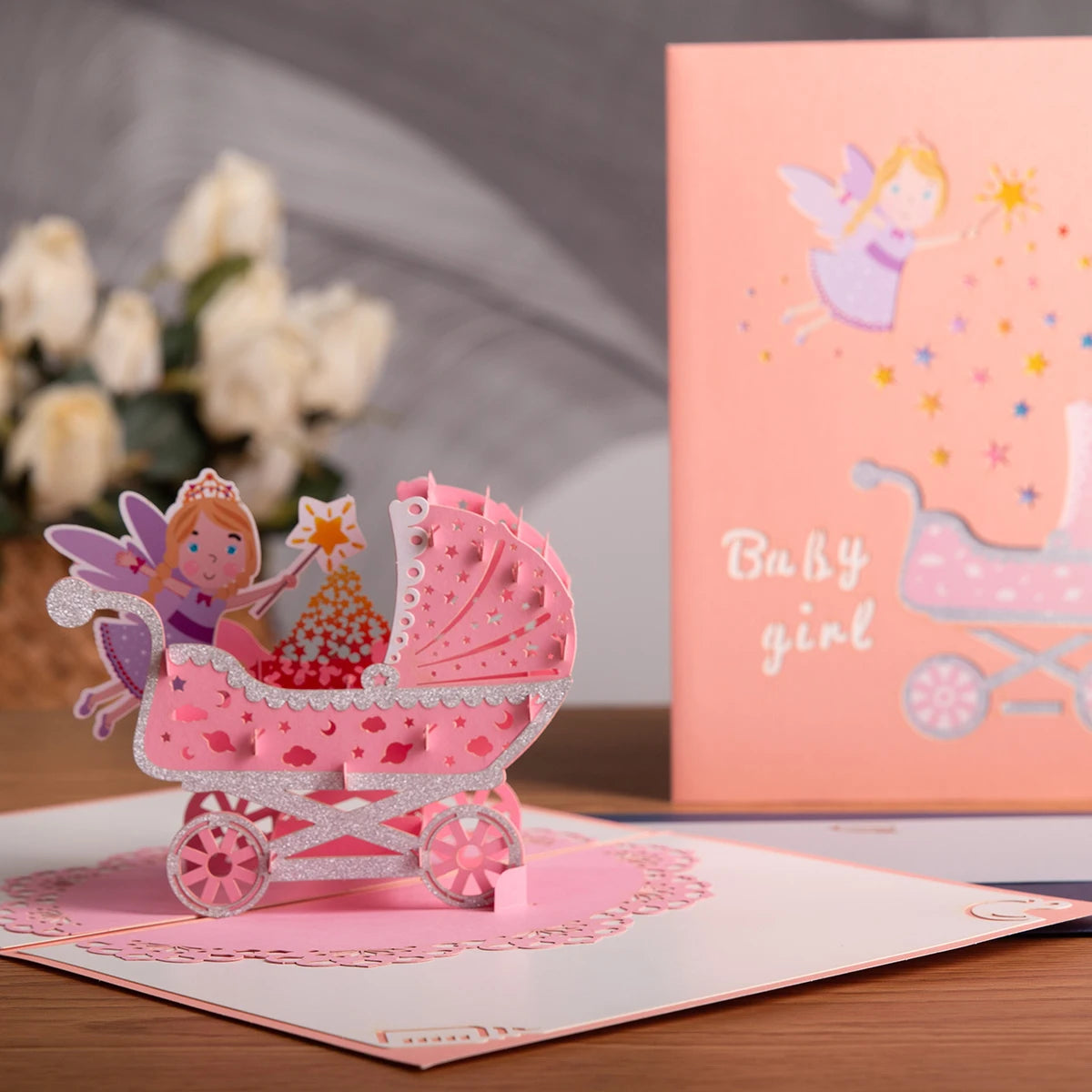 3D Pop-Up Baby Shower Card - Pink Carriage