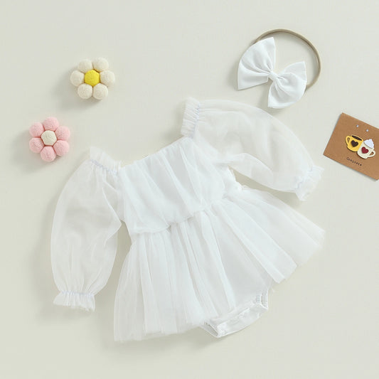 Bella Princess Baby Dress + Bow Headband - White