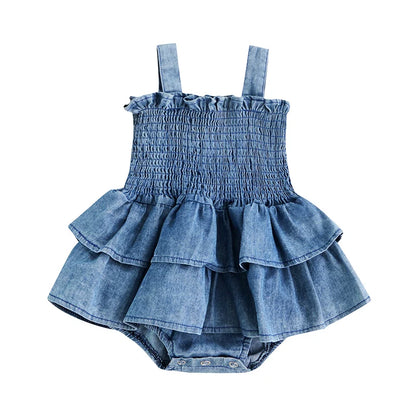 Robe barboteuse en jean à volants pour bébé