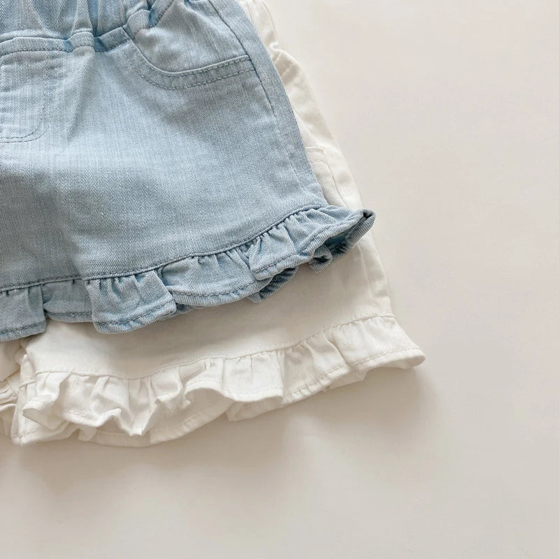 Short bébé à volants en denim bleu