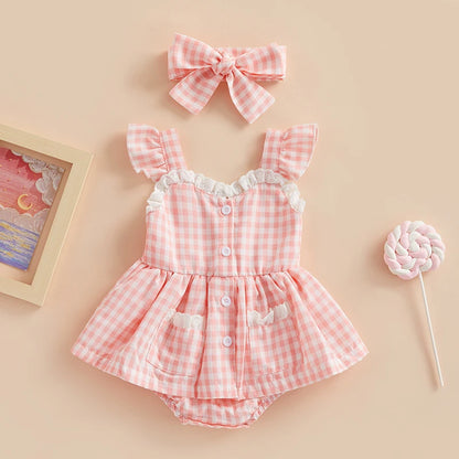 Kariertes Babykleid „Jolene“ + Stirnband mit Schleife