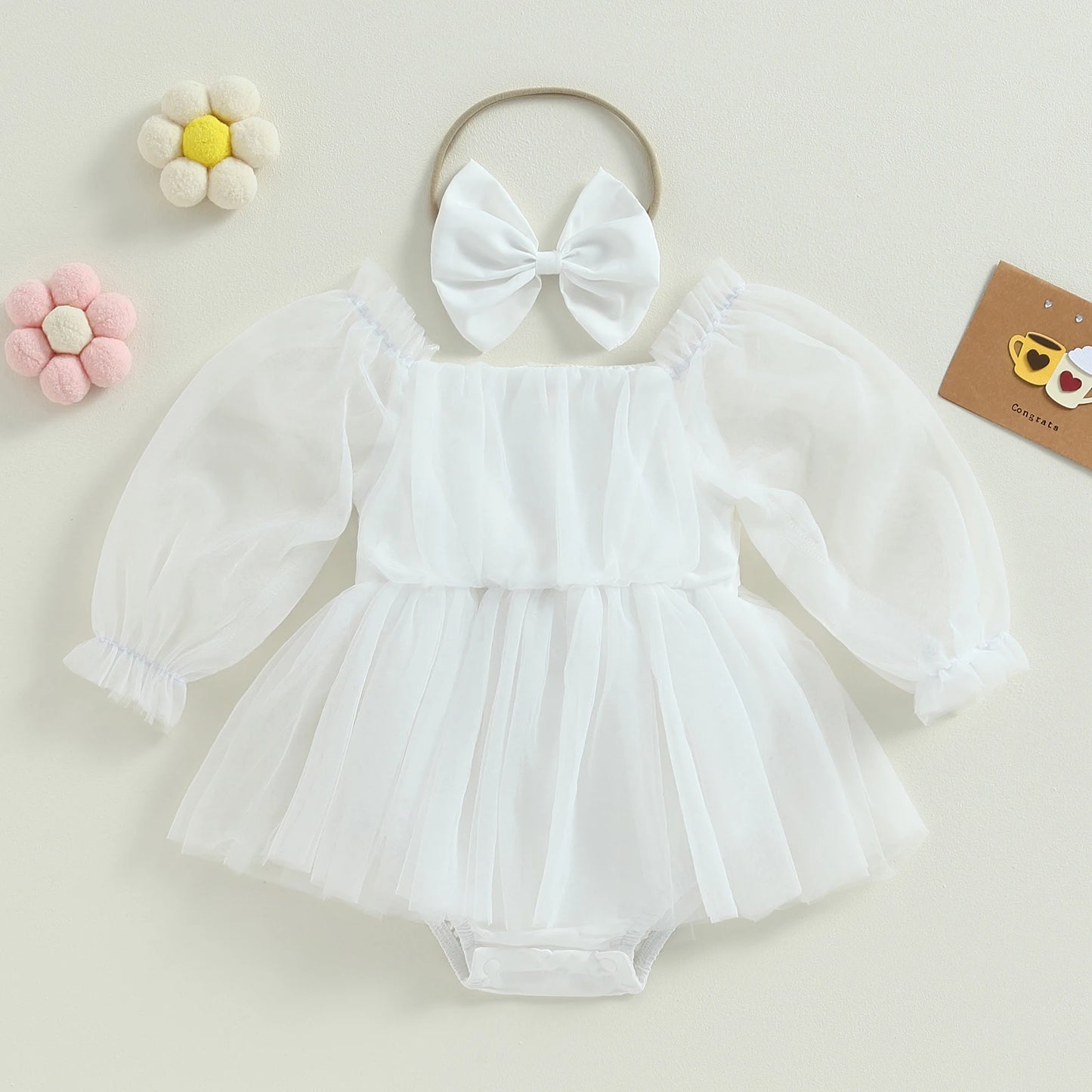 Robe bébé Bella Princess + bandeau à nœud - Blanc