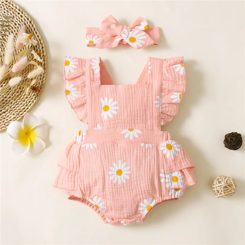 Daisy Sleeveless Romper + Headband - Coral