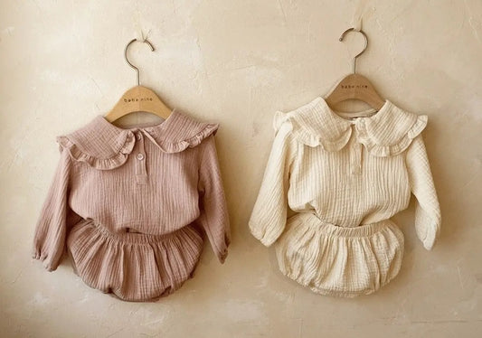 Ruffle Collar Muslin Baby Shirt + Pants - Vintage Pink