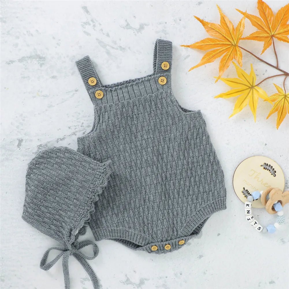 Baby Girl Knitted Overalls + Hat - Gray - Cocowish